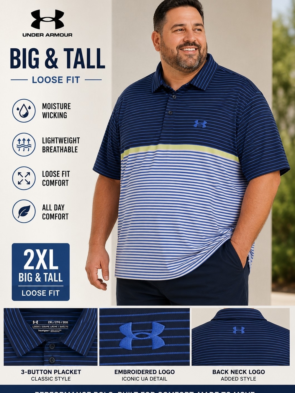 Under Armour HeatGear Golf Polo Shirt 2XL Blue Striped Loose Fit